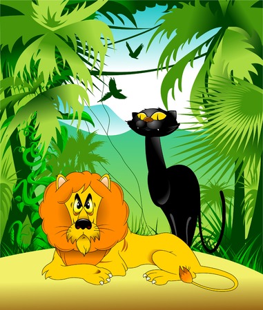 An angry lion with a red mane and tamer, vector;のイラスト素材