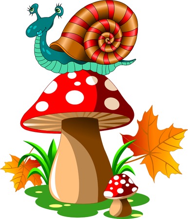 two red mushroom with white spots and a snailのイラスト素材