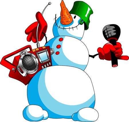 funny snowman with a tape recorder and a microphoneのイラスト素材