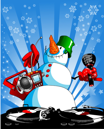 funny snowman with a tape recorder and a microphoneのイラスト素材
