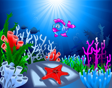 gold fish and starfish on the ocean floor, including coralのイラスト素材