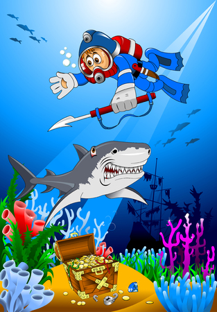 Diver among reeves float to the sunk shipのイラスト素材