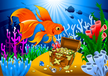 goldfish has found the treasure on the seabed, vectorのイラスト素材
