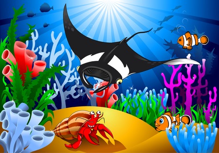 crab and stingray in a beautiful coral reef, vectorのイラスト素材
