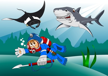 diver pursue sharks and stingray, vector and illustrationのイラスト素材