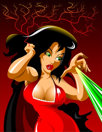 Beautiful brunette witch in maroon dress sitting on the floor and shows the side isolated on red backgroundのイラスト素材
