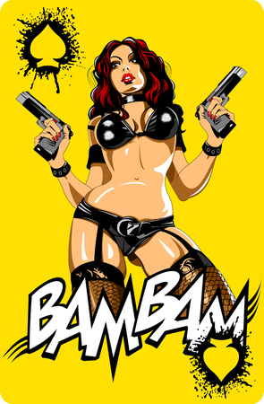 beautiful girls in a black bikini with three guns, vectorのイラスト素材