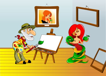 Painter with a white beard draws paints a portrait, vectorのイラスト素材