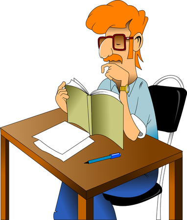 man with a red mustache sitting at a table and reading a bookのイラスト素材