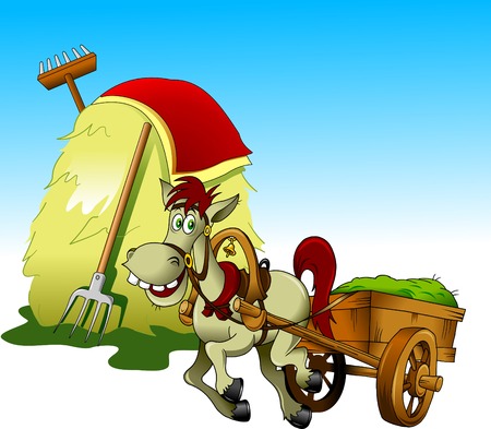 horse carries a cart with grass past a haystackのイラスト素材