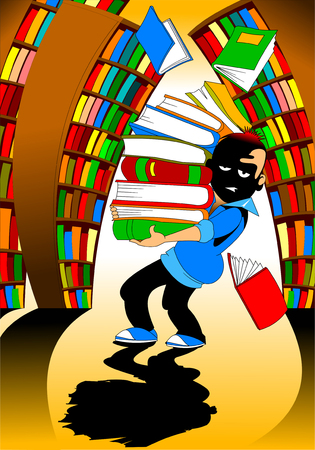 portrait of young student with glasses holding stack of books in libraryのイラスト素材