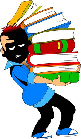 portrait of young student with glasses holding stack of books in libraryのイラスト素材
