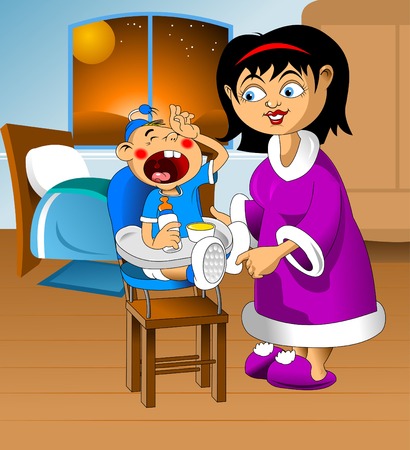 A woman calms a crying baby. Cute little baby in diaper sitting, screamingのイラスト素材