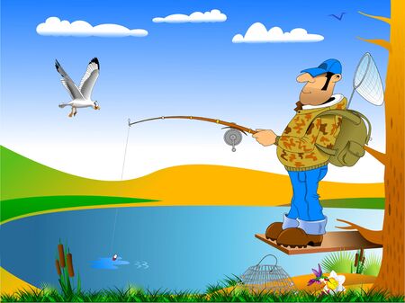 Cartoon fisherman with rod and fish illustration, vectorのイラスト素材