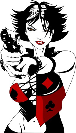 Beautiful woman in black suits with a weapon, vector and illustrationのイラスト素材