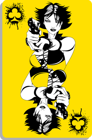 Beautiful woman in black suits with a weapon, vector and illustrationのイラスト素材