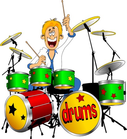 A cheerful drummer playing drums, vector and illustrationのイラスト素材