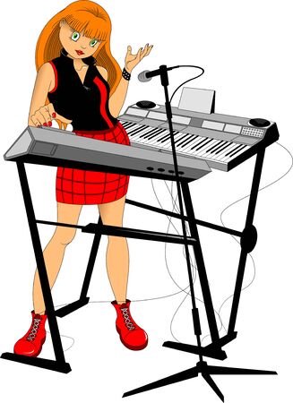 Young woman playing on synthesizer. Female musician keyboardist. Vectorのイラスト素材
