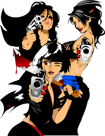 Beautiful  girl in a blue shorts with two guns, vectorのイラスト素材