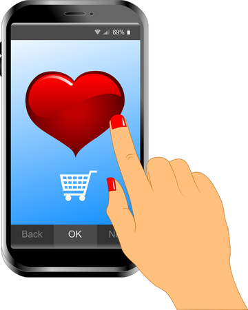 Hand holding smartphone on the screen, flat design style illustrationのイラスト素材