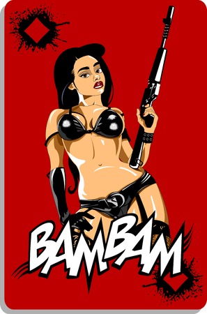 Beautiful girl in black swimsuit with black rifle in handsのイラスト素材