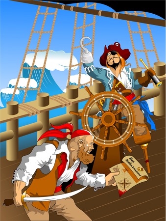 Evil and scary pirate with treasure island map, vectorのイラスト素材