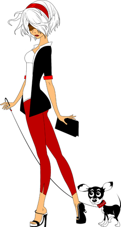 beautiful woman in fashionable clothes walks with a small dogのイラスト素材