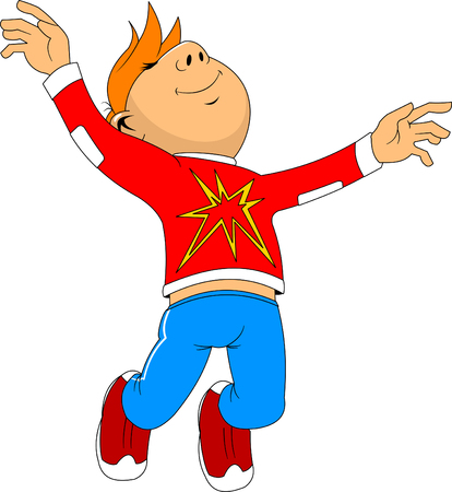 cheerful teenager in red t-shirt jumping, vector and illustrationのイラスト素材
