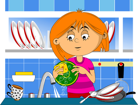 Beautiful woman washing dishes on a white background, vectorのイラスト素材