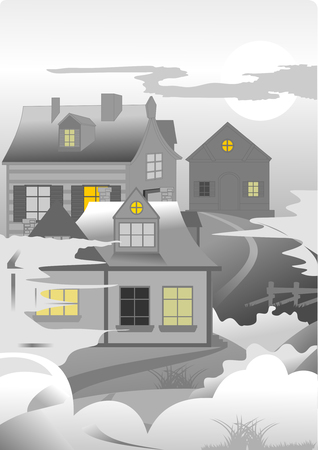 cold foggy morning in a small village, vector and illustrationのイラスト素材