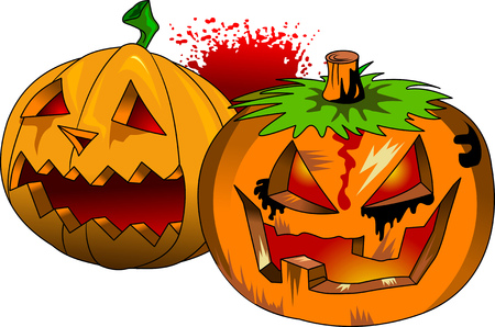 Two orange pumpkins. Scary faces. Illustration and vectorのイラスト素材