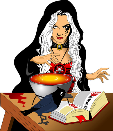 young witch with white hair in a red dressのイラスト素材