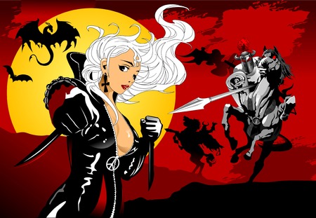 Beautiful woman with a dagger, knights and dragons, vectorのイラスト素材