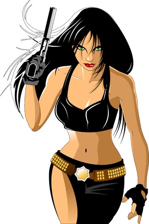 beautiful woman in black leather top with a gunのイラスト素材