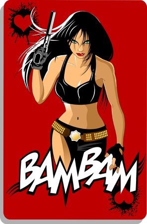 beautiful woman in black leather top with a gun on red backgroundのイラスト素材
