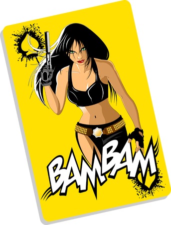 beautiful woman in black leather top with a gun on red backgroundのイラスト素材
