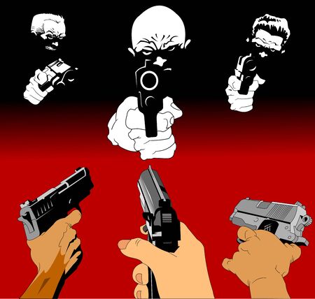 three killers with three pistols on a black background, vector and illustrationのイラスト素材