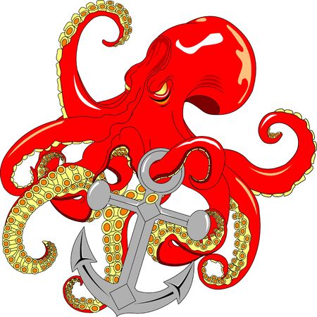 Angry red octopus with yellow eyes holds an anchor in tentaclesのイラスト素材