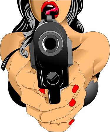 beautiful woman in black leather top with a gunのイラスト素材