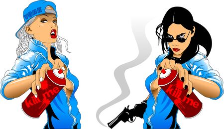 girl with a spray paint can draw graffiti, vector and illustrationのイラスト素材