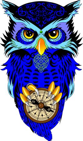 blue owl with black feathers holds in its paws an old compass, vectorのイラスト素材