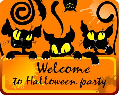 Halloween vector illustration. Three black cats invite friends to Halloween party.のイラスト素材