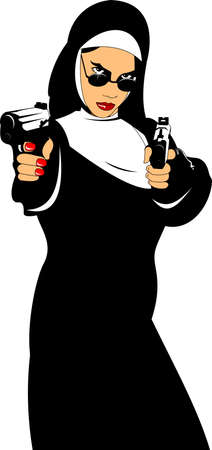 nun in black robe with black pistol, vector and illustrationのイラスト素材