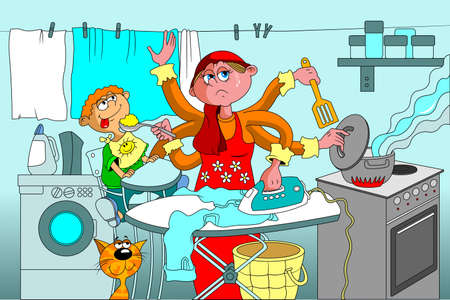 The housewife is engaged in homework and simultaneously feeds the childのイラスト素材
