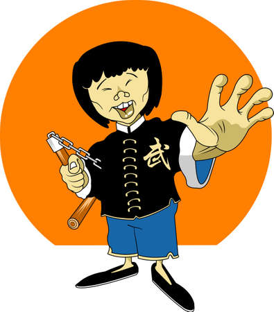 Sportsman in black kimono with nun chucks. Vector and Illustratorのイラスト素材