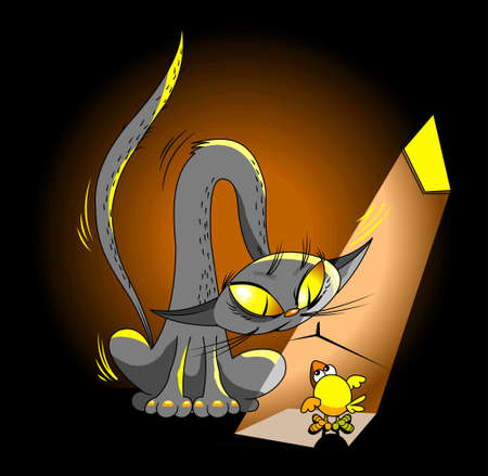 The cat has caught a small birdie on a dark attic. Vector and illustrationのイラスト素材