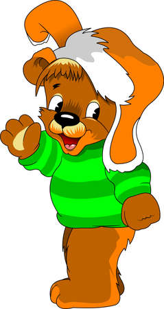 cheerful teddy bear in a green sweater and winter hat waving his pawのイラスト素材