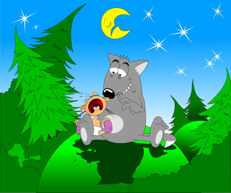 little girl crying at night under the moon, illustrationのイラスト素材