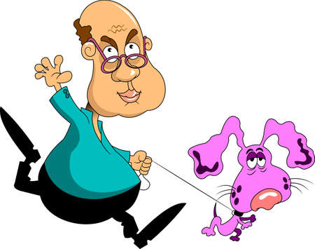 Fat man with glasses walking with a small dogのイラスト素材