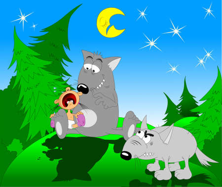 Little baby crying sitting on the paws of a big gray wolf, illustrationのイラスト素材